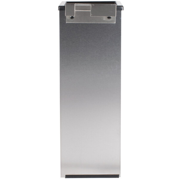 A stainless steel rectangular ice bagger with a black lid.