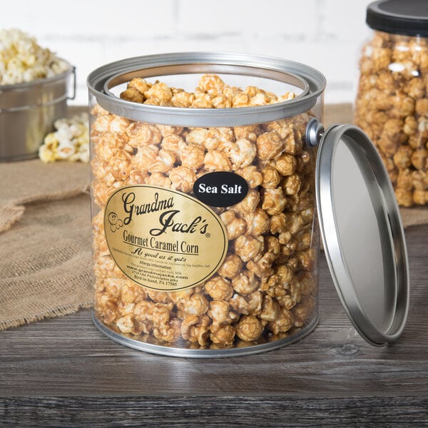 a container of caramel popcorn