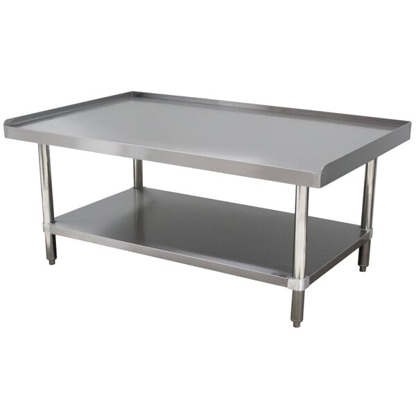 A stainless steel Advance Tabco equipment stand with a shelf.