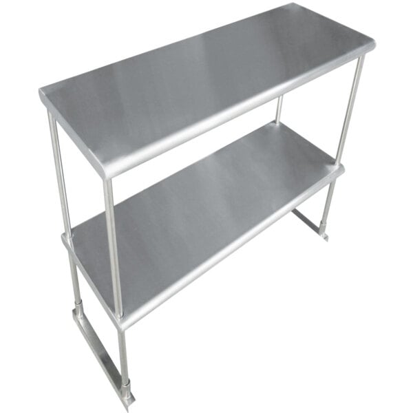 A stainless steel double deck overshelf on a metal table.