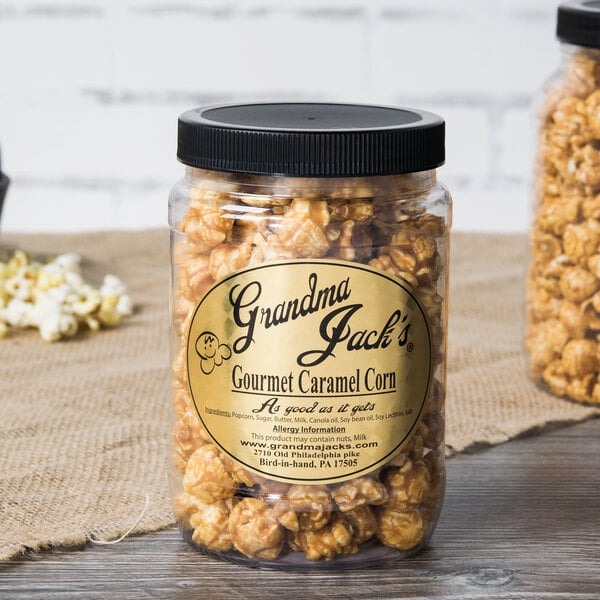 A jar of Grandma Jack's Gourmet Caramel Corn.