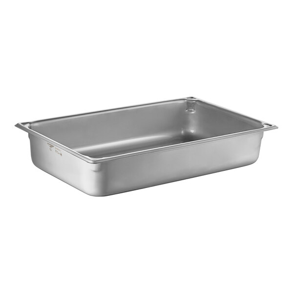 A Vollrath stainless steel steam table pan with a lid on a counter.