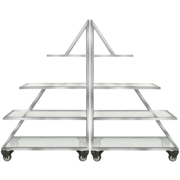 A stainless steel rolling buffet cart with clear acrylic shelves.