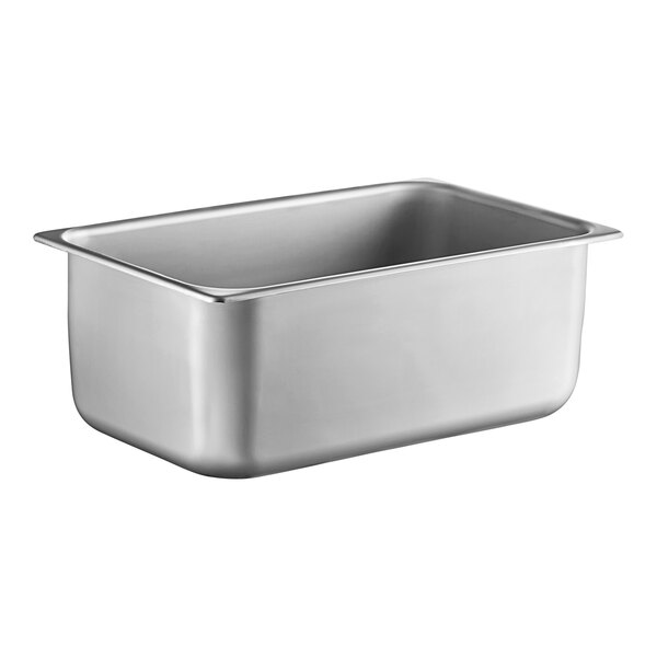 A Vollrath stainless steel rectangular steam table pan with a lid.
