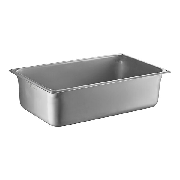 A Vollrath stainless steel rectangular steam table pan with a lid.