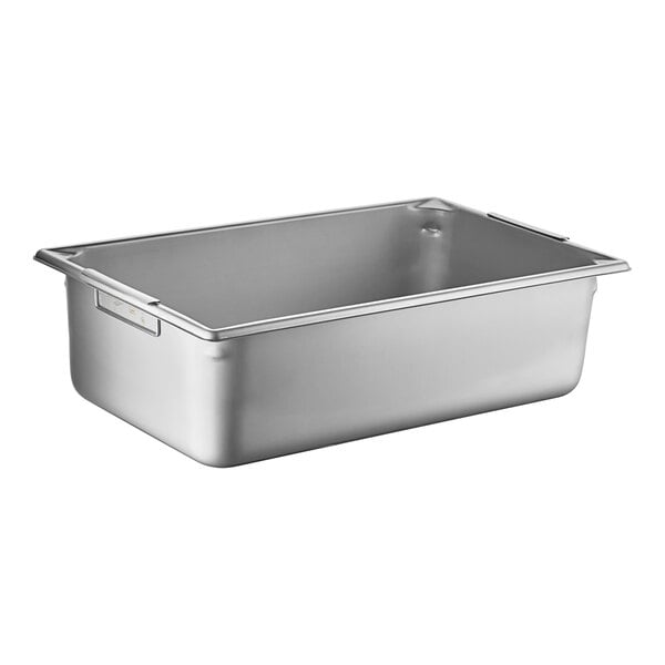 A Vollrath stainless steel steam table pan with handles and a lid.