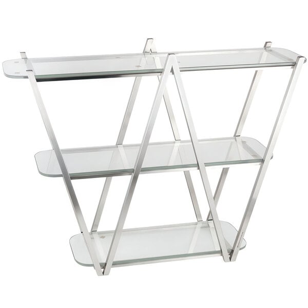 A stainless steel "W" shaped display stand with clear glass tempered shelves.