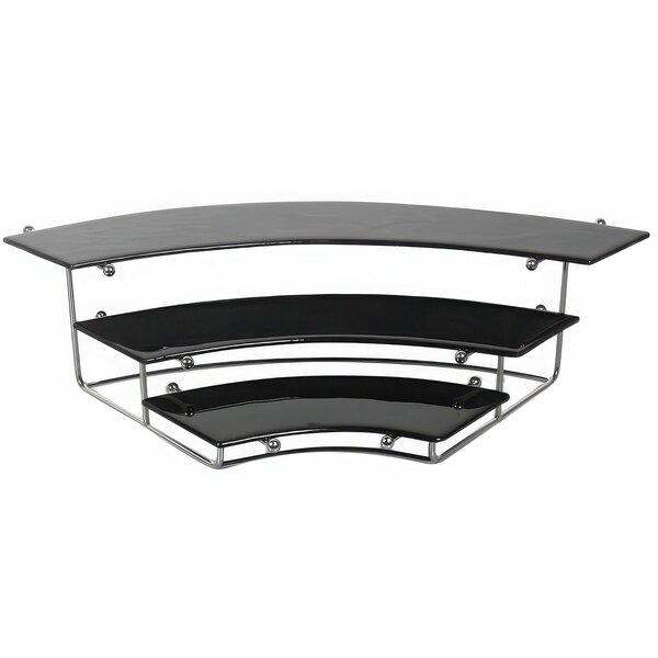 A stainless steel bleacher riser with black acrylic shelves and a silver metal frame.
