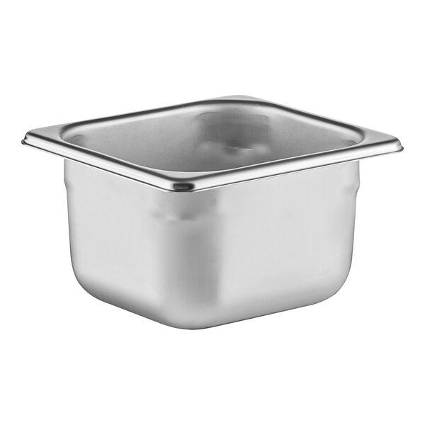 A close-up of a Vollrath stainless steel steam table pan with a square lid.