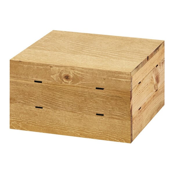 A rustic pine square crate riser measuring 12 inches by 12 inches by 7 inches.