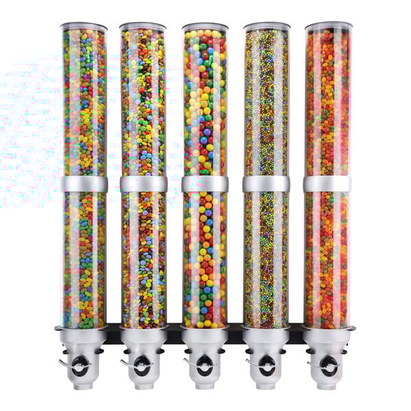 A group of Cal-Mil cylindrical containers filled with candy.