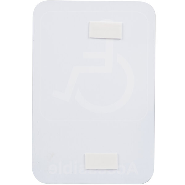 A white rectangular object with a white strip on it with a blue and white sign that says "Handicap Accessible" and a black border.