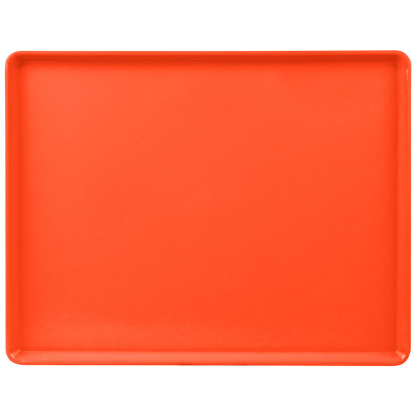 An orange rectangular tray with a white border.