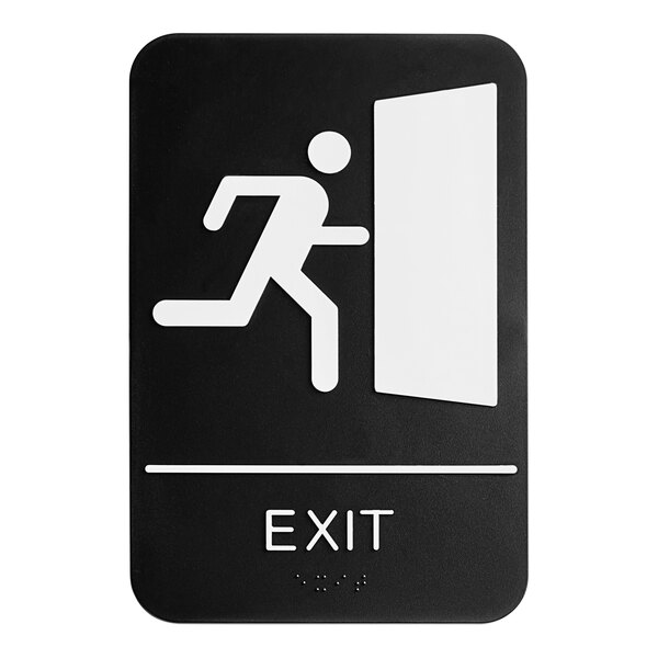 A black Thunder Group ADA exit sign with a white person running out of the door.