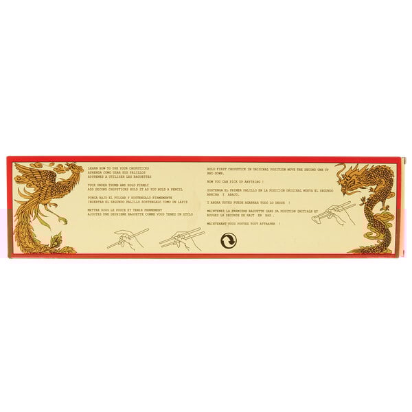A rectangular white box with a red dragon design containing a set of red Town plastic chopsticks.