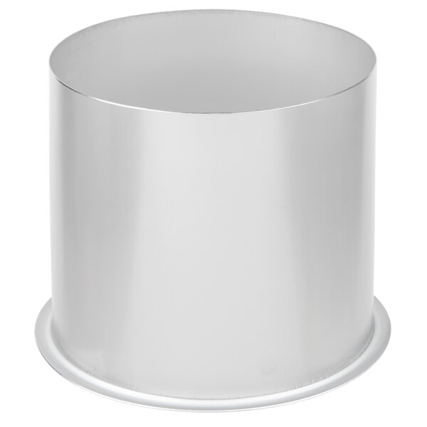 A stainless steel round in-counter trash chute with a white base.