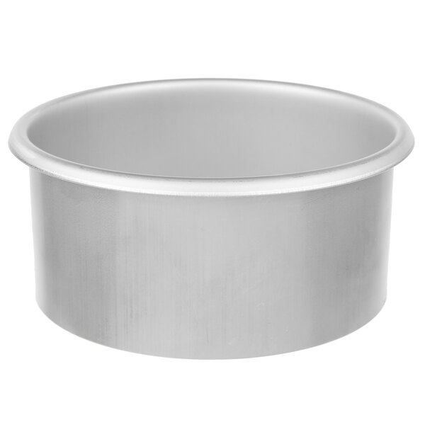 A silver round metal container with a stainless steel finish.