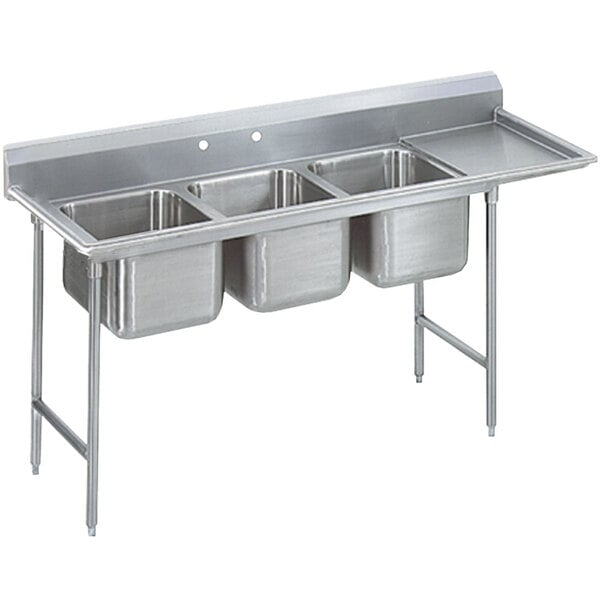 An Advance Tabco stainless steel three compartment sink with right drainboard.