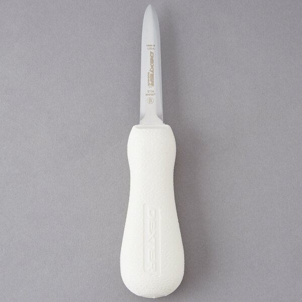 A Dexter Russell Boston style oyster knife with a white textured handle.