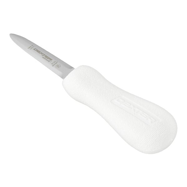 A small knife with a short, pointed stainless steel blade and a textured white handle.