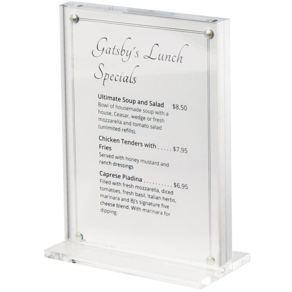 a menu sign with black text