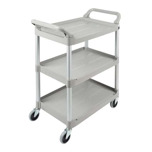 A three tiered gray Rubbermaid utility cart with wheels.