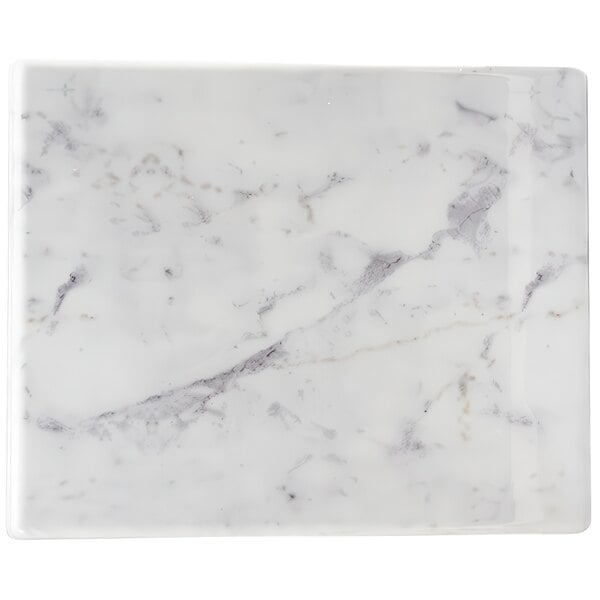 A white rectangular melamine serving board with gray marble veining.