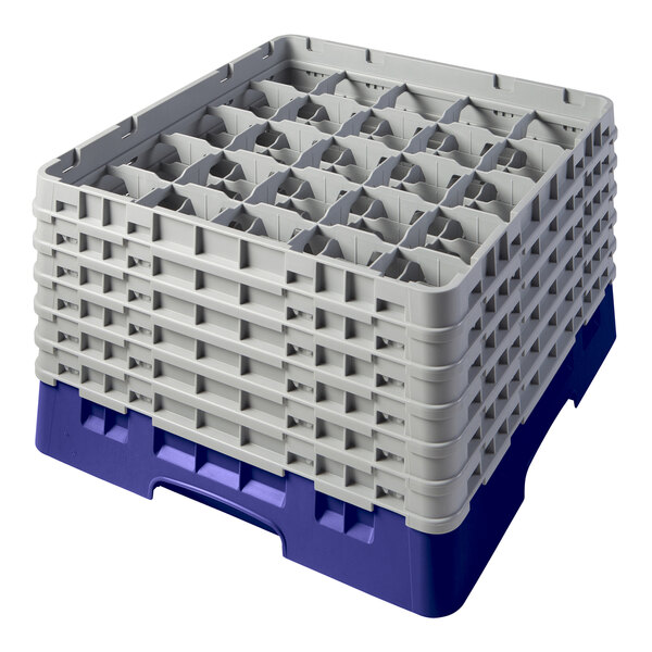 A navy blue plastic Cambro glass rack with 6 white extenders.