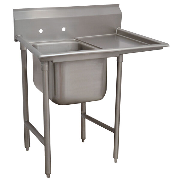 A stainless steel Advance Tabco commercial sink with a right drainboard.