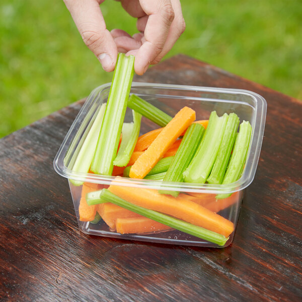 A hand holding a Fabri-Kal Greenware plastic container filled with celery and carrots.