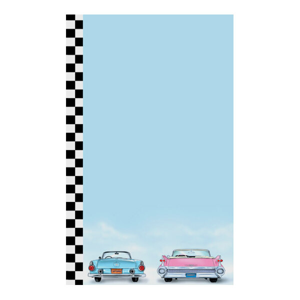 A sheet of paper with a blue background, a black and white checkered border on the left, and illustrations of a blue and a pink vintage car at the bottom.