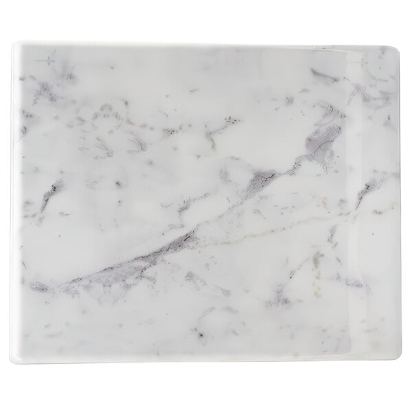 A white rectangular melamine serving board with a Carrara marble pattern.