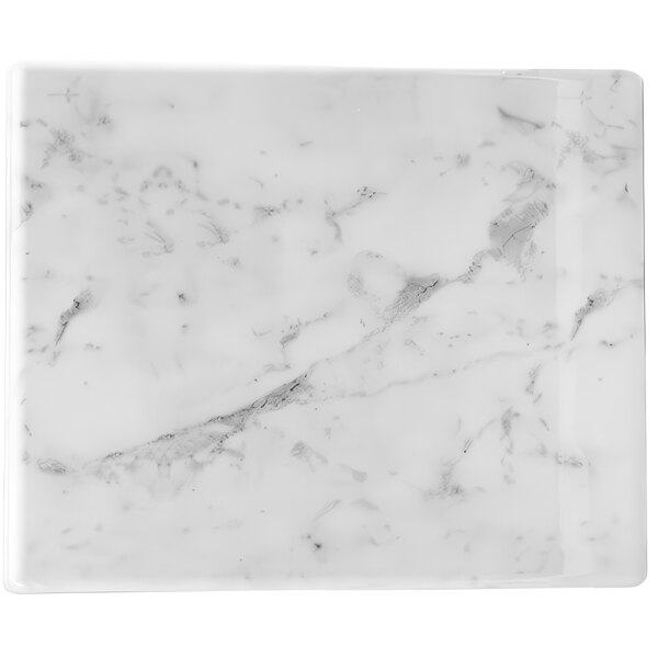 A white rectangular melamine serving board with a white marble surface with black veins.