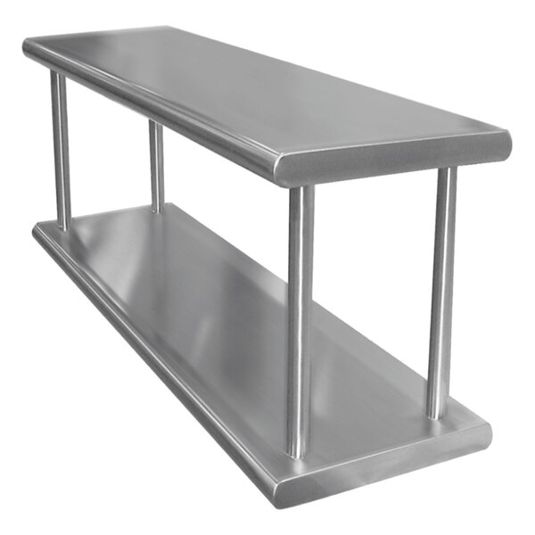A stainless steel wall mount shelf with two metal shelves on it.