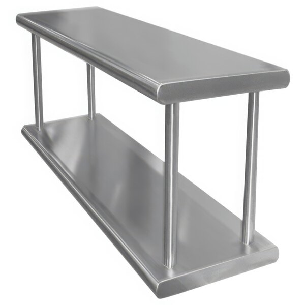 A stainless steel Advance Tabco pass-through wall mount shelf with two metal shelves on it.