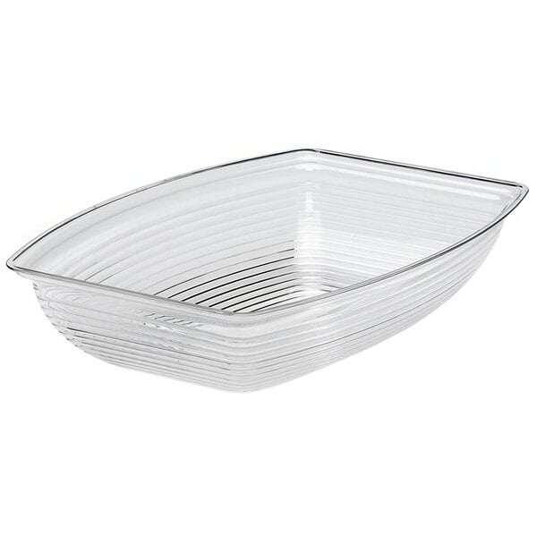 A clear plastic rectangular bowl with a striped design.