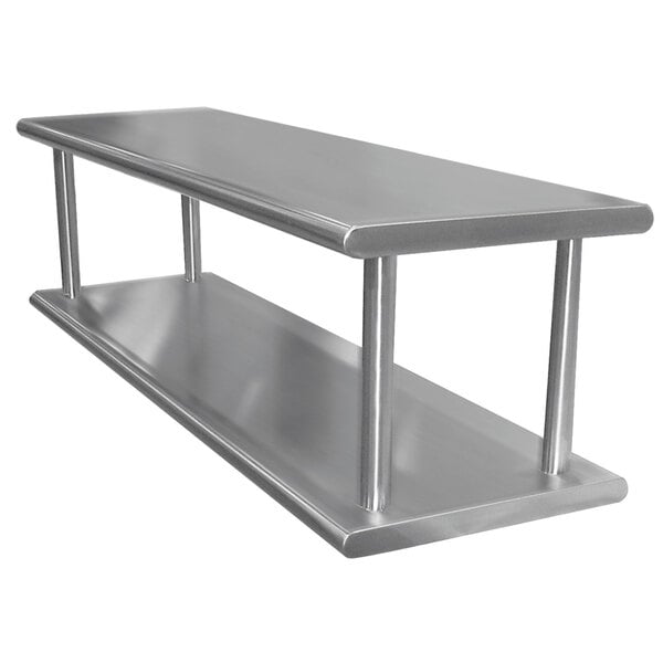 A stainless steel wall mount shelf with two shelves.