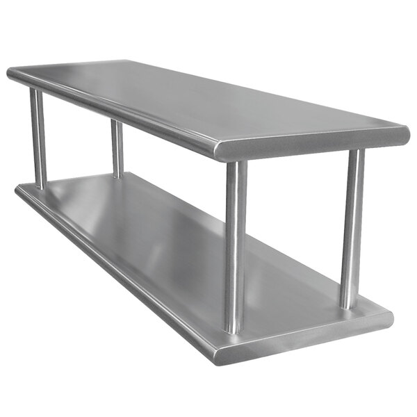 A stainless steel wall mount shelf with two metal shelves on it.