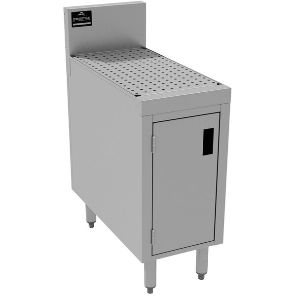 An Advance Tabco stainless steel rectangular cabinet with a door and drain on top.