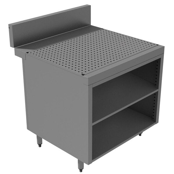 A grey metal Advance Tabco Prestige Series cabinet with a shelf over a grey metal drainboard.