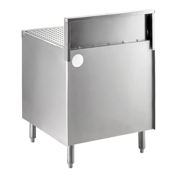 An Advance Tabco stainless steel drainboard cabinet with a shelf over a drain.