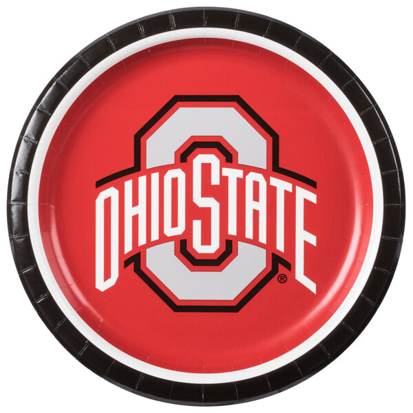 A red and white Ohio State University paper plate with a logo.