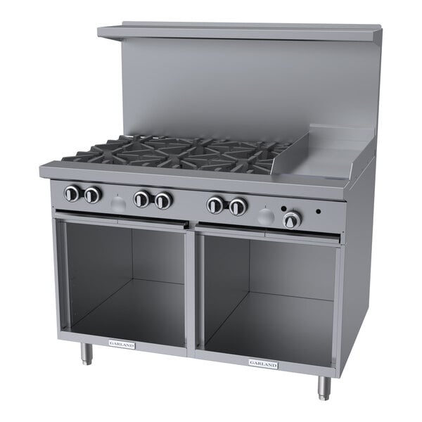 A commercial stainless steel 48-inch range with six burners, a 12-inch griddle, and two storage bases.