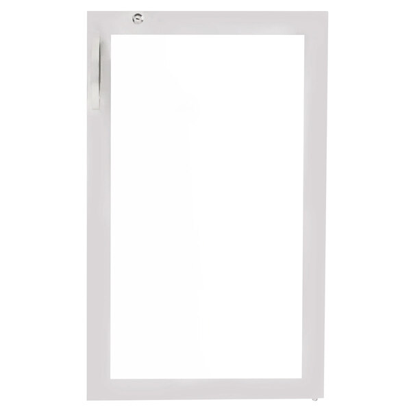 A white refrigerator door with a stainless steel frame and a handle.