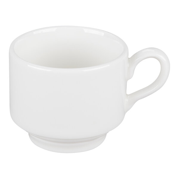 A plain, bright white ceramic tea cup with a handle and a slightly raised base.