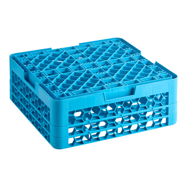 A blue plastic 16-compartment glass rack with 2 extenders.