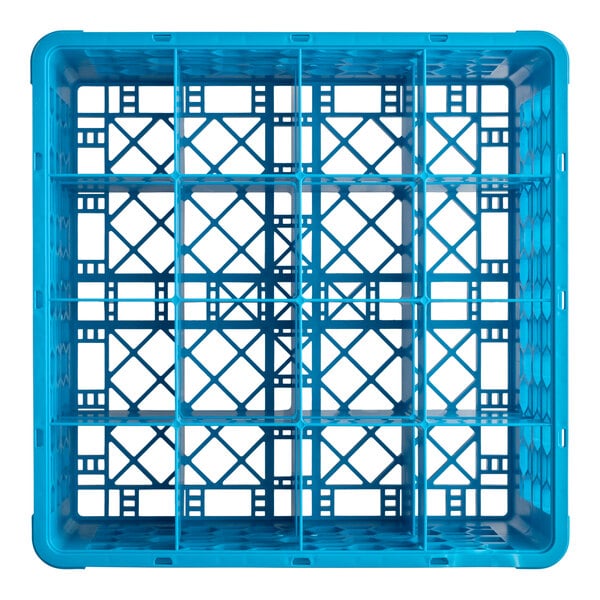 A blue plastic glass rack with 16 compartments and two extenders.