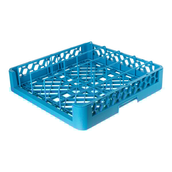 A blue plastic full size plate cover rack with a grid design, used for washing and storing plate covers.