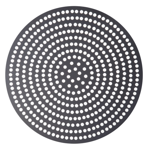 An American Metalcraft hard coat anodized aluminum circular pizza disk with perforations.