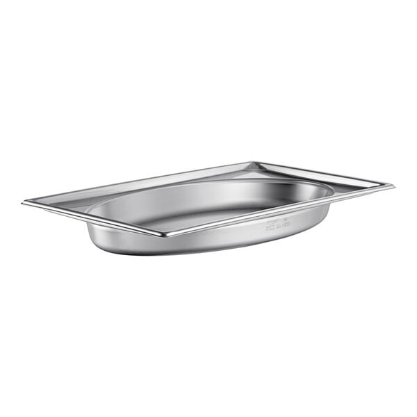 A Vollrath stainless steel oval pan with a rectangular edge.